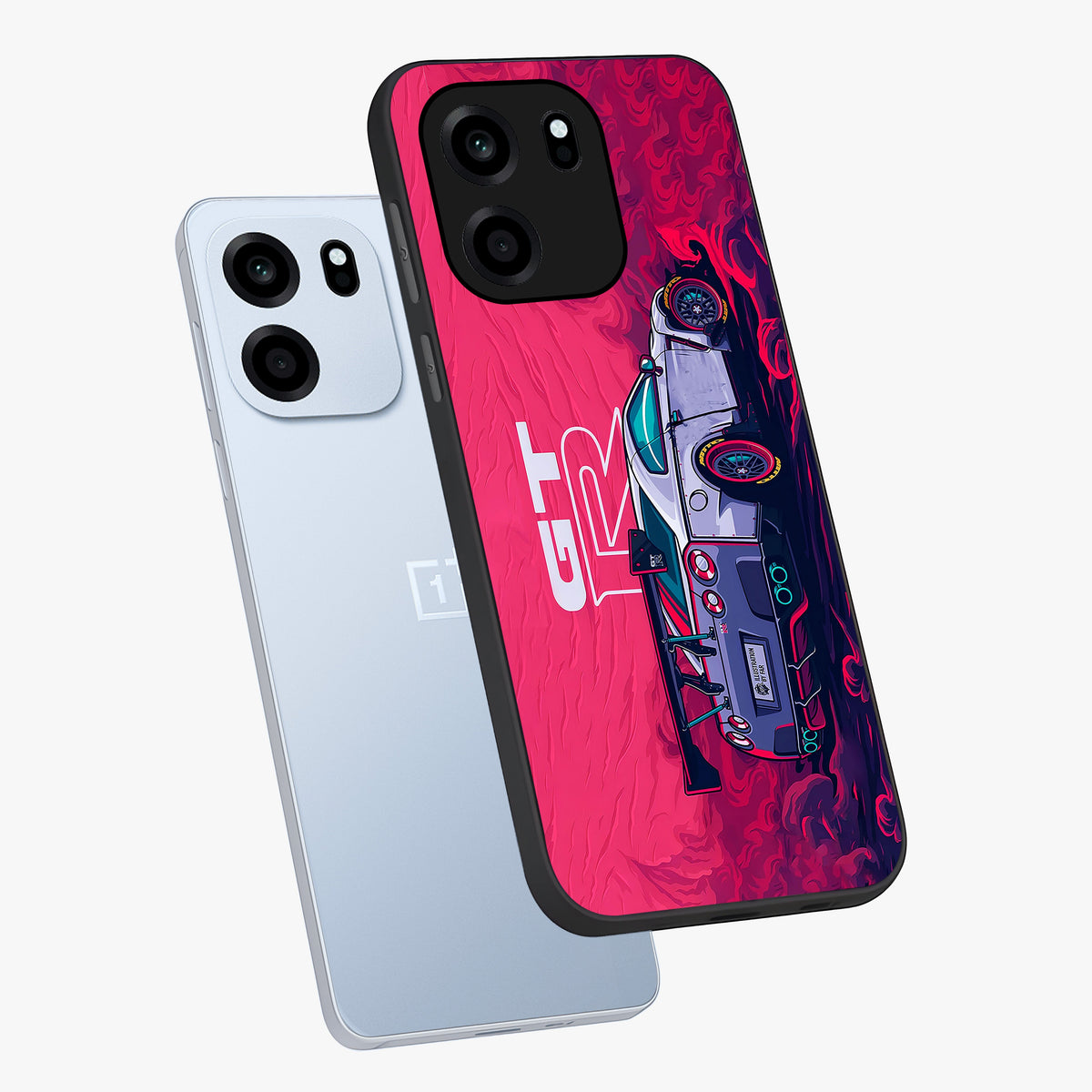 GT-R Car Pattern Glass Case displayed in angled mockup highlighting racing car graphic design with bold automotive aesthetic.