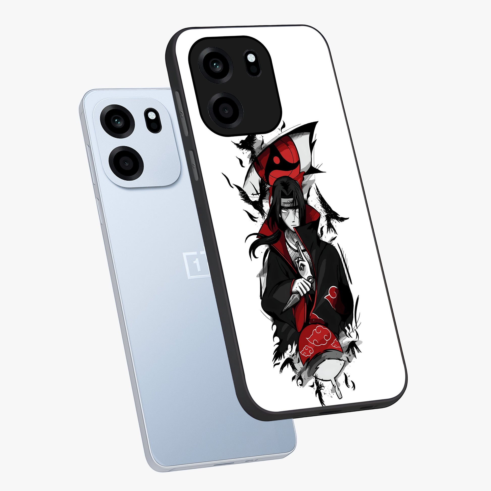 Itachi Limited Edition Naruto Anime Glass Case displayed in angled mockup highlighting dramatic anime illustration with bold action aesthetic.