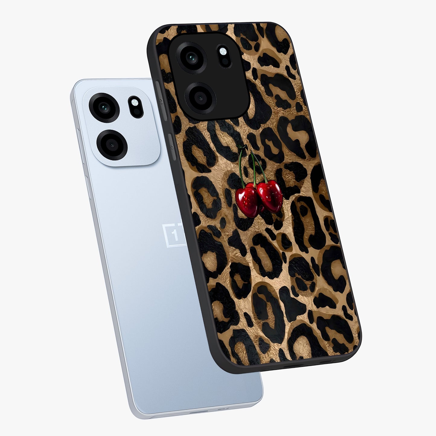 Leopard Wild Cherry Glass Case displayed in angled mockup highlighting bold animal print design with playful cherry aesthetic.