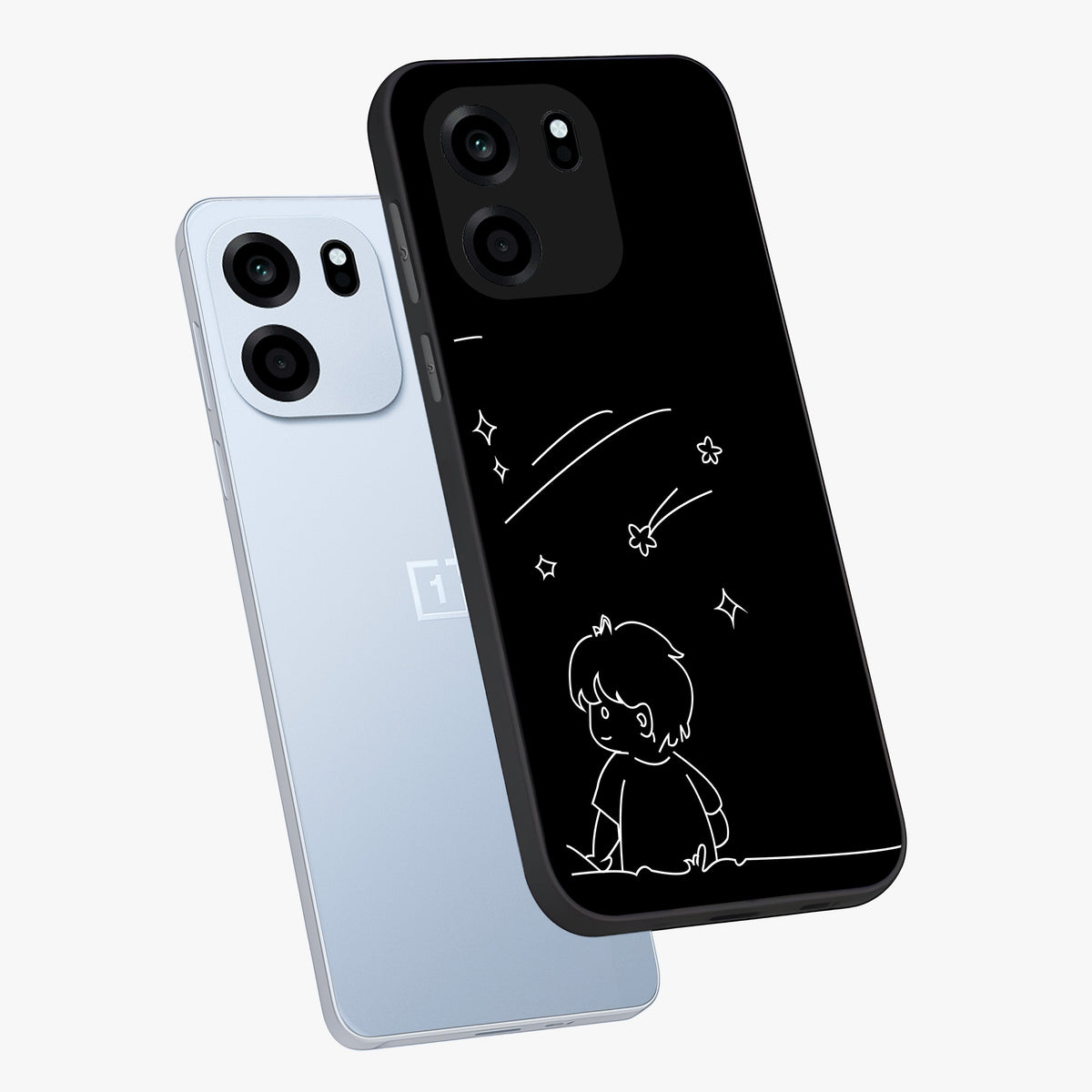 Line Art Boy With Shooting Stars Glass Case displayed in angled mockup highlighting elegant line art design with dreamy star aesthetic.