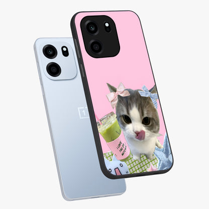 Love Matcha Cat Glass Case displayed in angled mockup highlighting playful feline illustration with cozy matcha aesthetic.