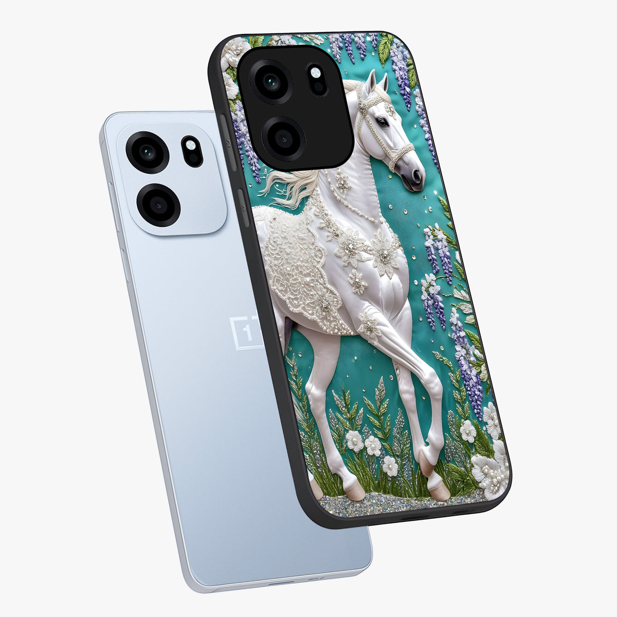 Majestic Floral Stallion Glass Case displayed in angled mockup highlighting majestic stallion illustration with elegant floral aesthetic.