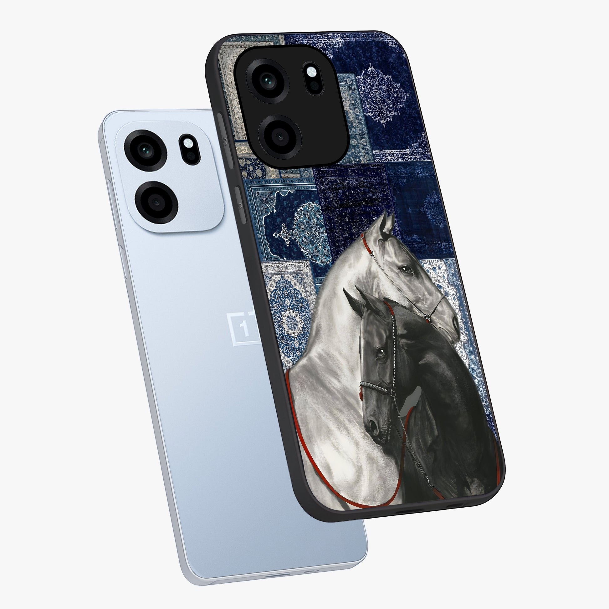 Midnight Stallion Blues Glass Case displayed in angled mockup highlighting powerful stallion illustration with deep midnight tones.