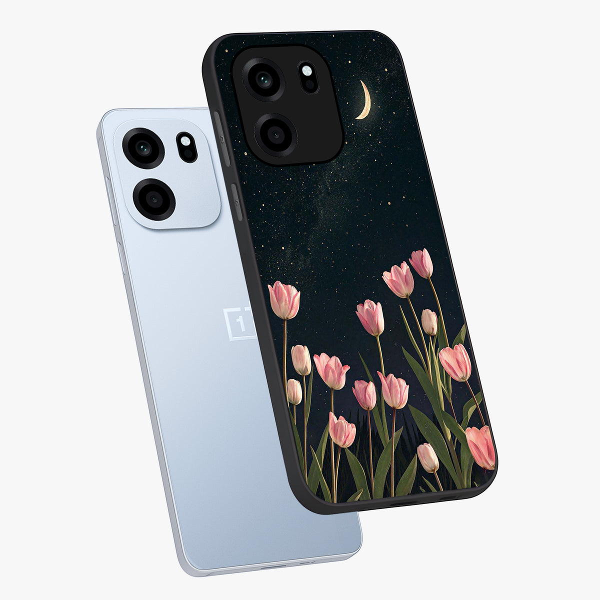 Midnight Tulip Whispers Vibe Glass Case displayed in angled mockup highlighting delicate tulip design with midnight floral aesthetic.