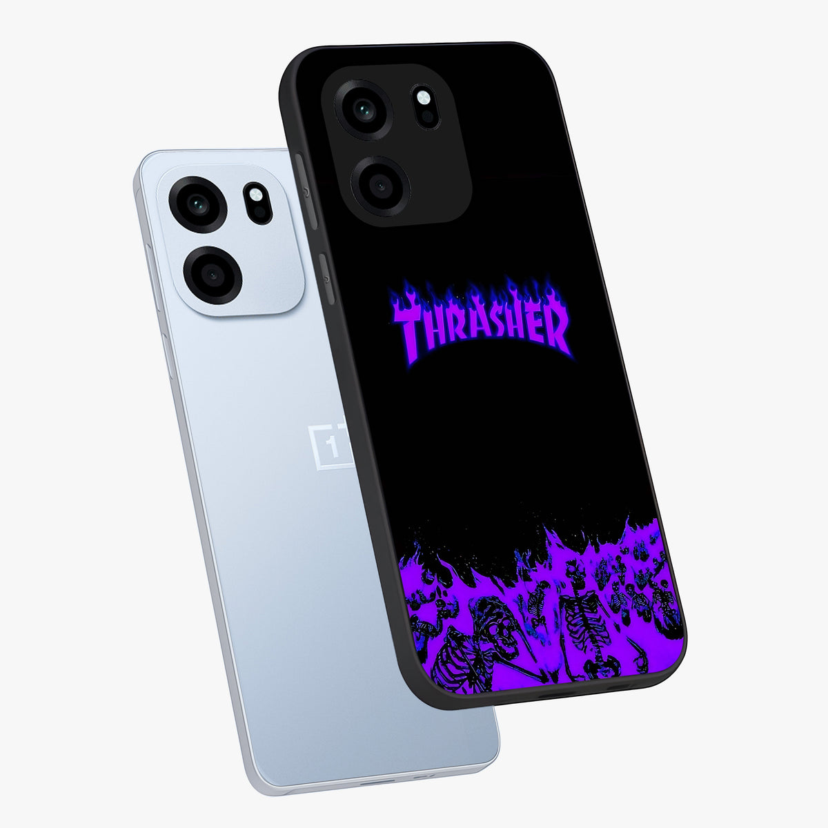 Neon Flame Riot Glass Case displayed in angled mockup highlighting glowing flame design with vibrant neon aesthetic.