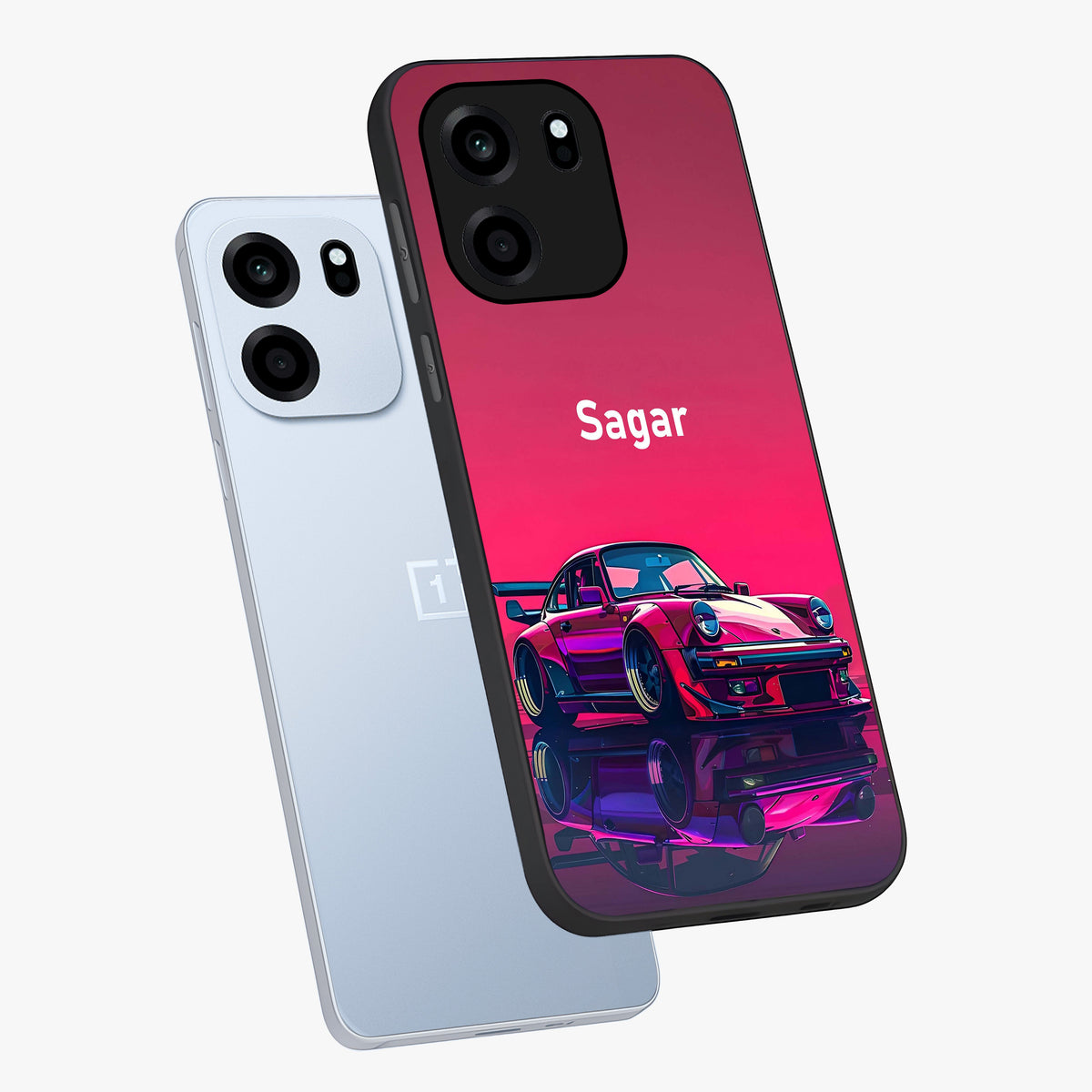 Neon Pink Porsche Glass Case displayed in angled mockup highlighting sleek neon pink car design with racing aesthetic.