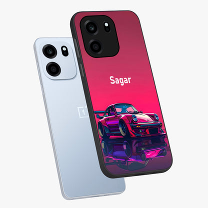 Neon Pink Porsche Glass Case displayed in angled mockup highlighting sleek neon pink car design with racing aesthetic.
