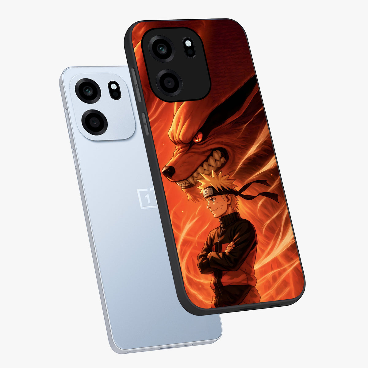 Nine Tails Legacy Glass Case displayed in angled mockup highlighting dynamic anime beast illustration with bold mystical aesthetic.
