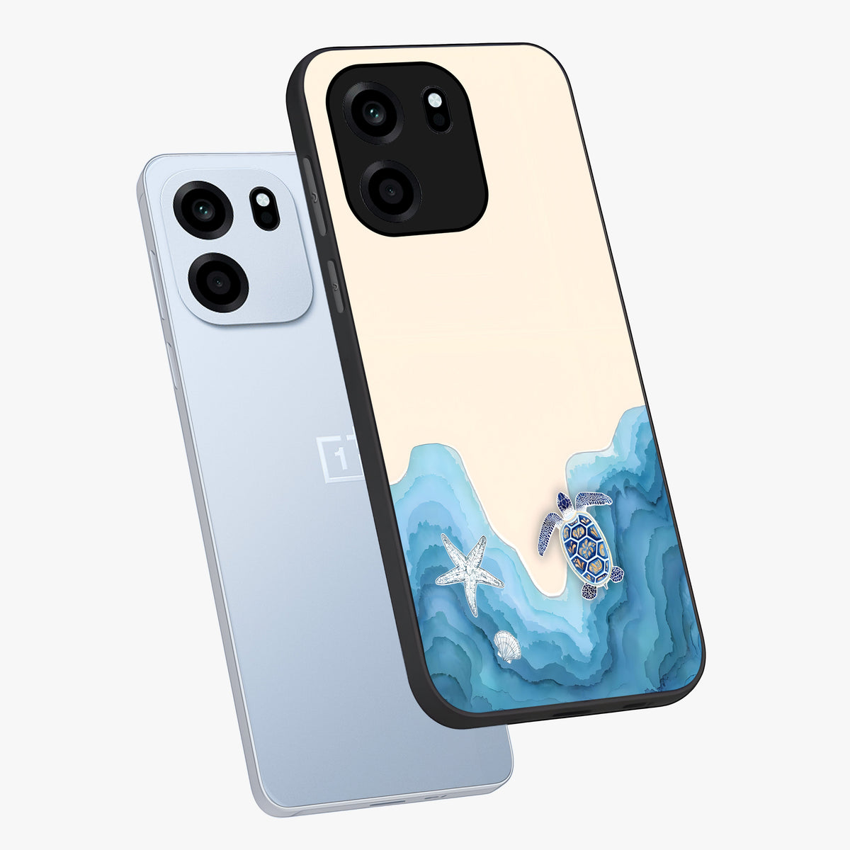 Ocean Drift Turtle Glass Case displayed in angled mockup highlighting peaceful ocean turtle illustration with marine aesthetic.