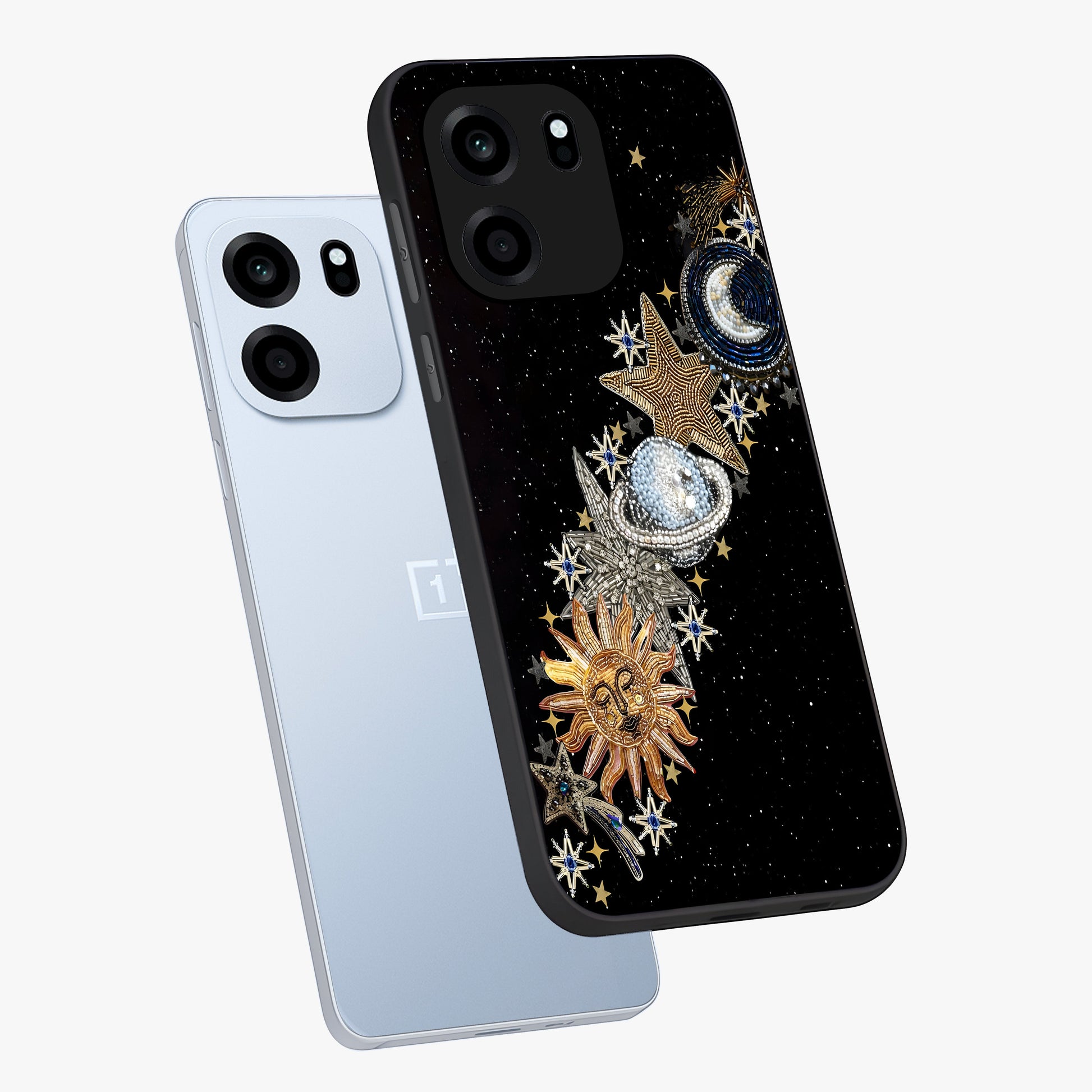 Pearls Universe Object Glass Case displayed in angled mockup highlighting celestial pearl design with dreamy aesthetic.