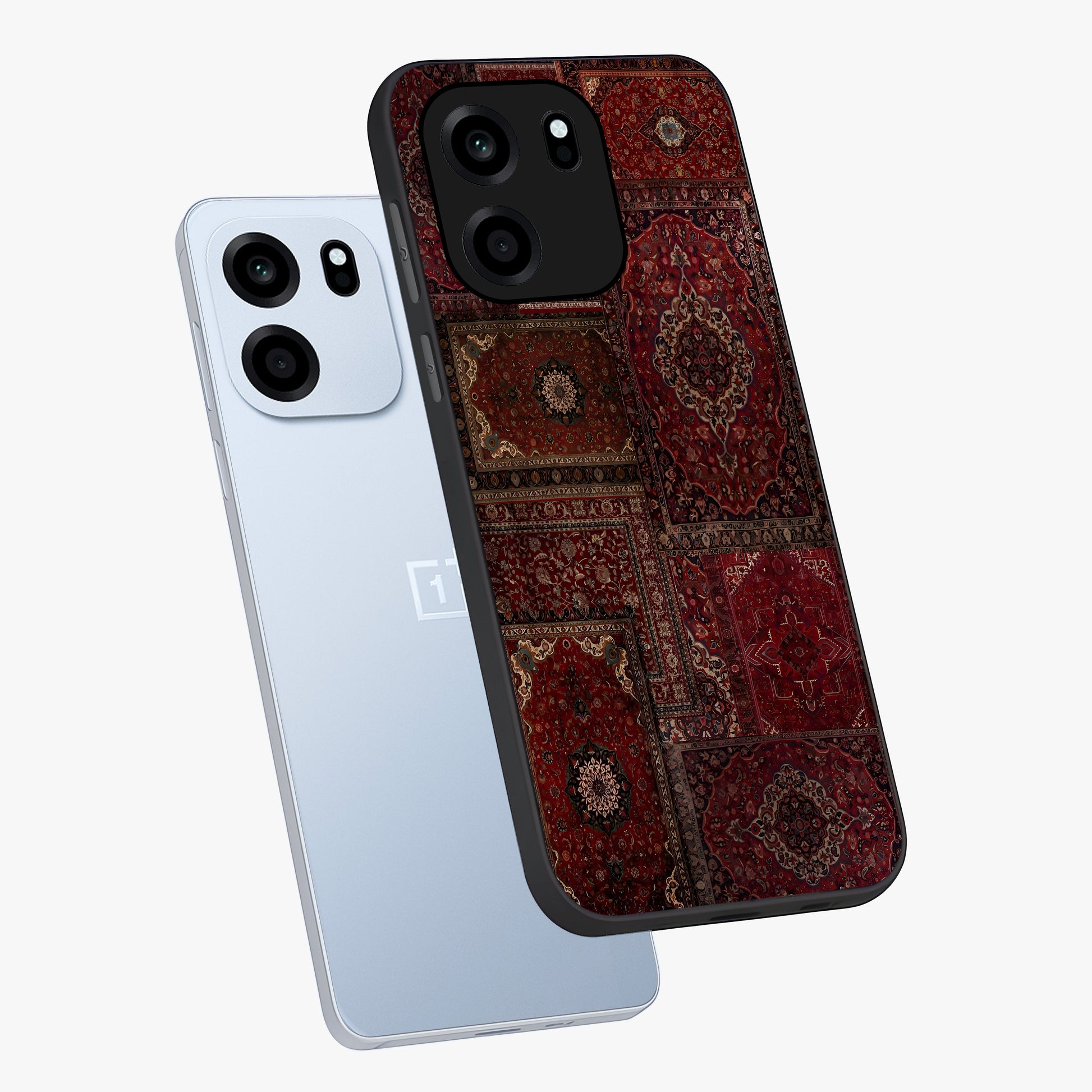 Persian Velvet Tale Glass Case displayed in angled mockup highlighting ornate textile inspired design with royal aesthetic.