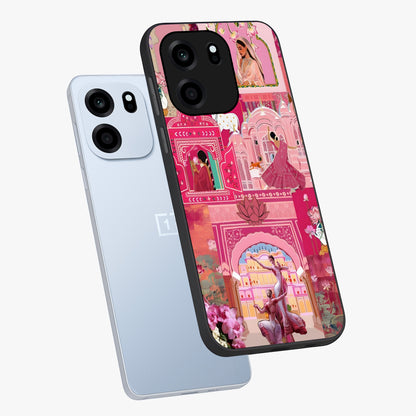Pink Palace Muse Glass Case displayed in angled mockup highlighting dreamy palace illustration with soft pink aesthetic.