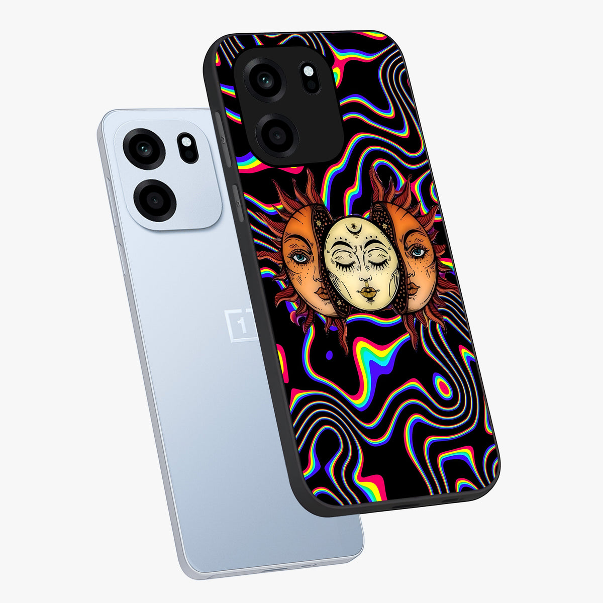 Psychedelic Sun Glass Case displayed in angled mockup highlighting vibrant abstract sun design with artistic aesthetic style.