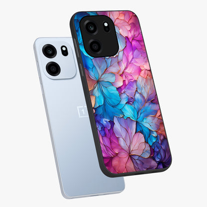 Radiant Floral Whirl Glass Case displayed in angled mockup highlighting vibrant flower pattern with dynamic artistic aesthetic.