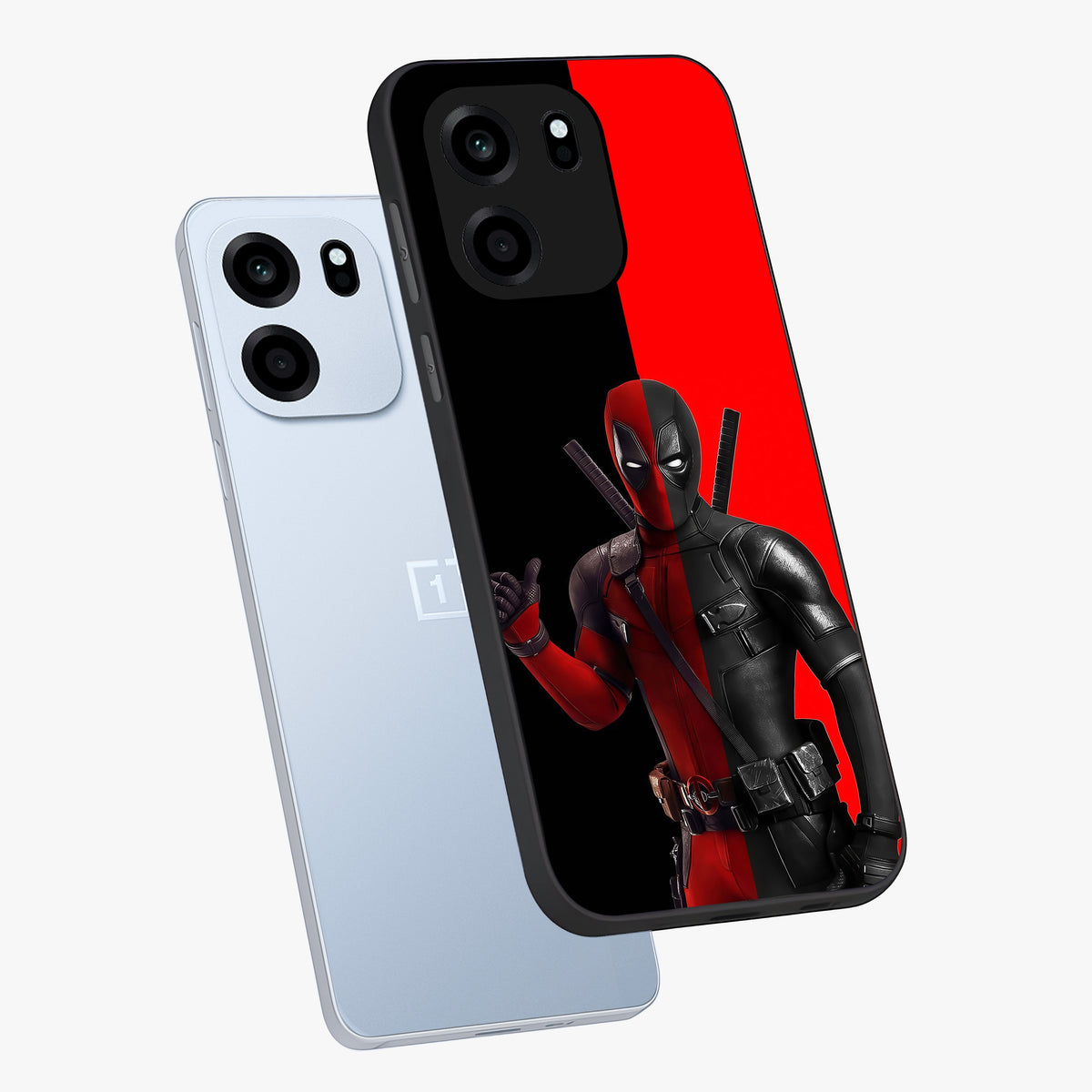 Red & Black Deadpool Theme Glass Case displayed in angled mockup highlighting vibrant superhero style illustration with action aesthetic.