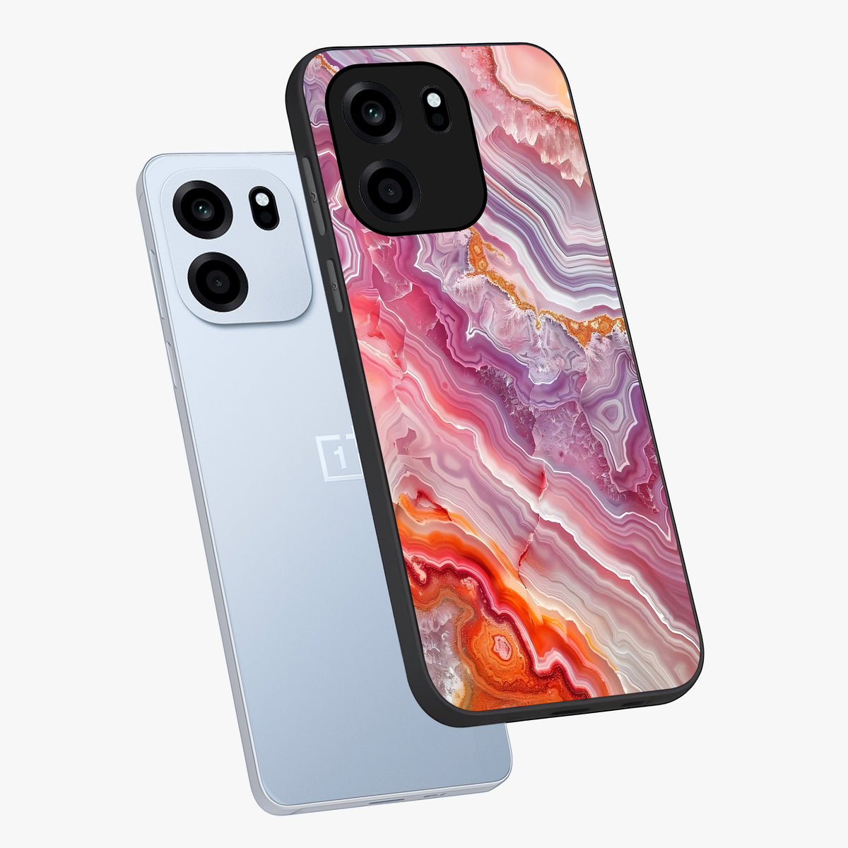 Rose Quartz Marble Glass Case displayed in angled mockup highlighting elegant marble pattern with soft aesthetic style.