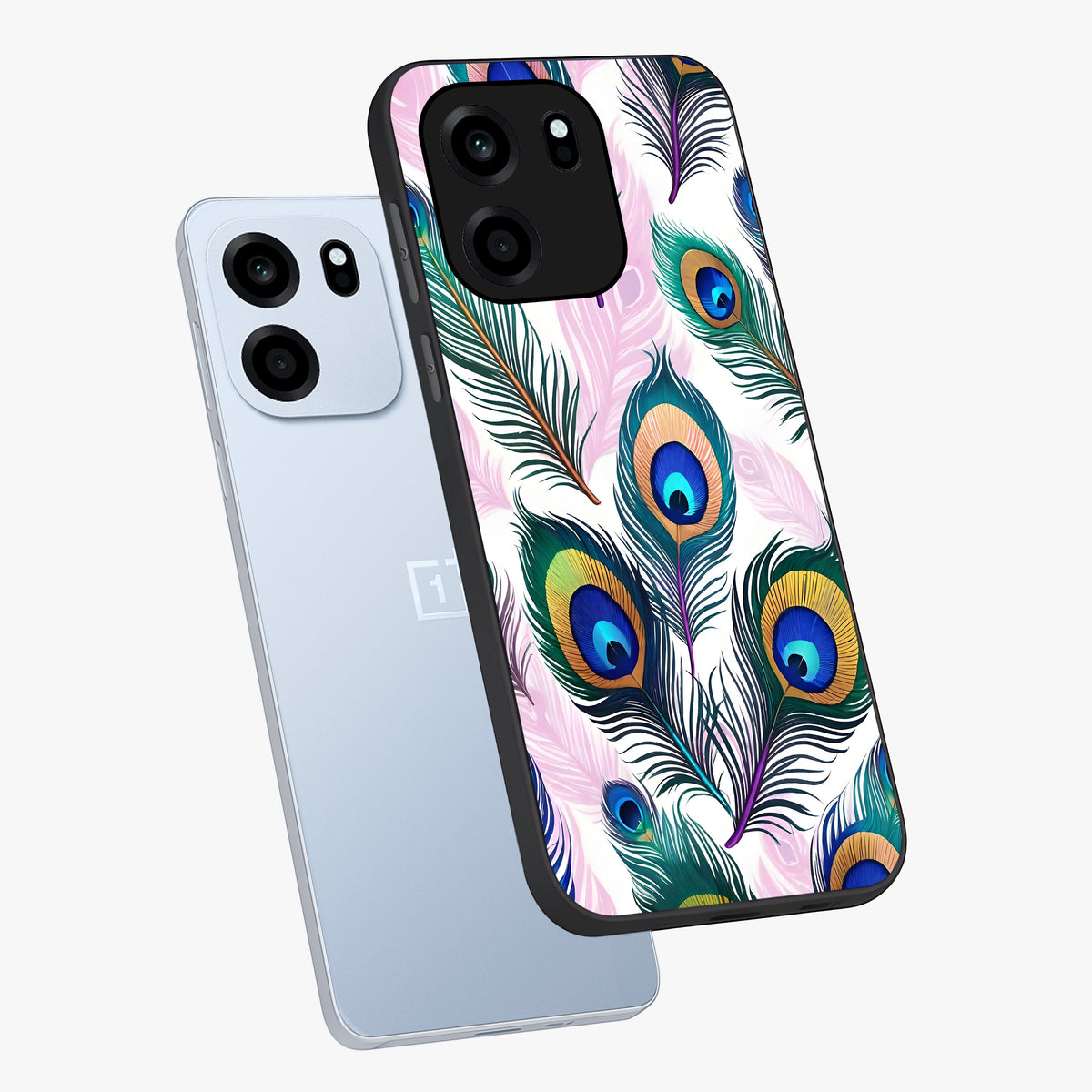 Royal Peacock Feathers Glass Case displayed in angled mockup highlighting vibrant feather pattern with regal aesthetic style.