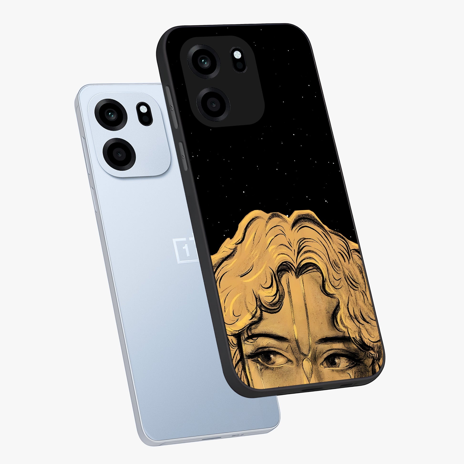 Shri Krishna Art Glass Case displayed in angled mockup highlighting spiritual Krishna illustration with divine aesthetic.