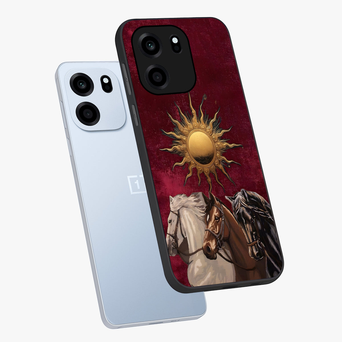 Solar Riders Glass Case displayed in angled mockup highlighting powerful rider illustration with radiant solar aesthetic.