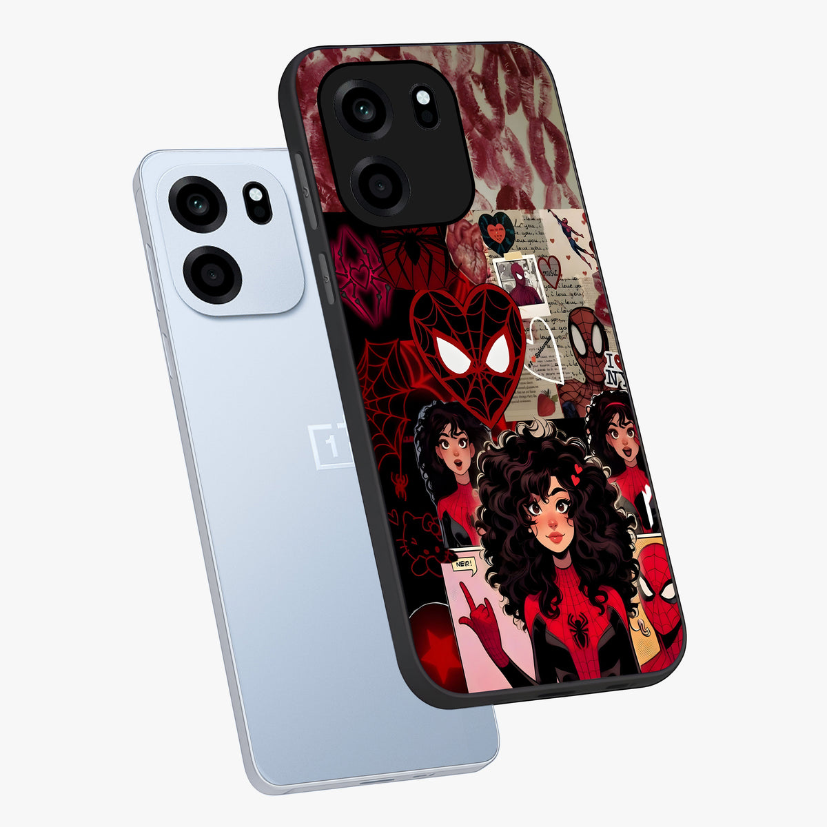 Spider Love Story Glass Case displayed in angled mockup highlighting expressive comic inspired design with playful aesthetic.