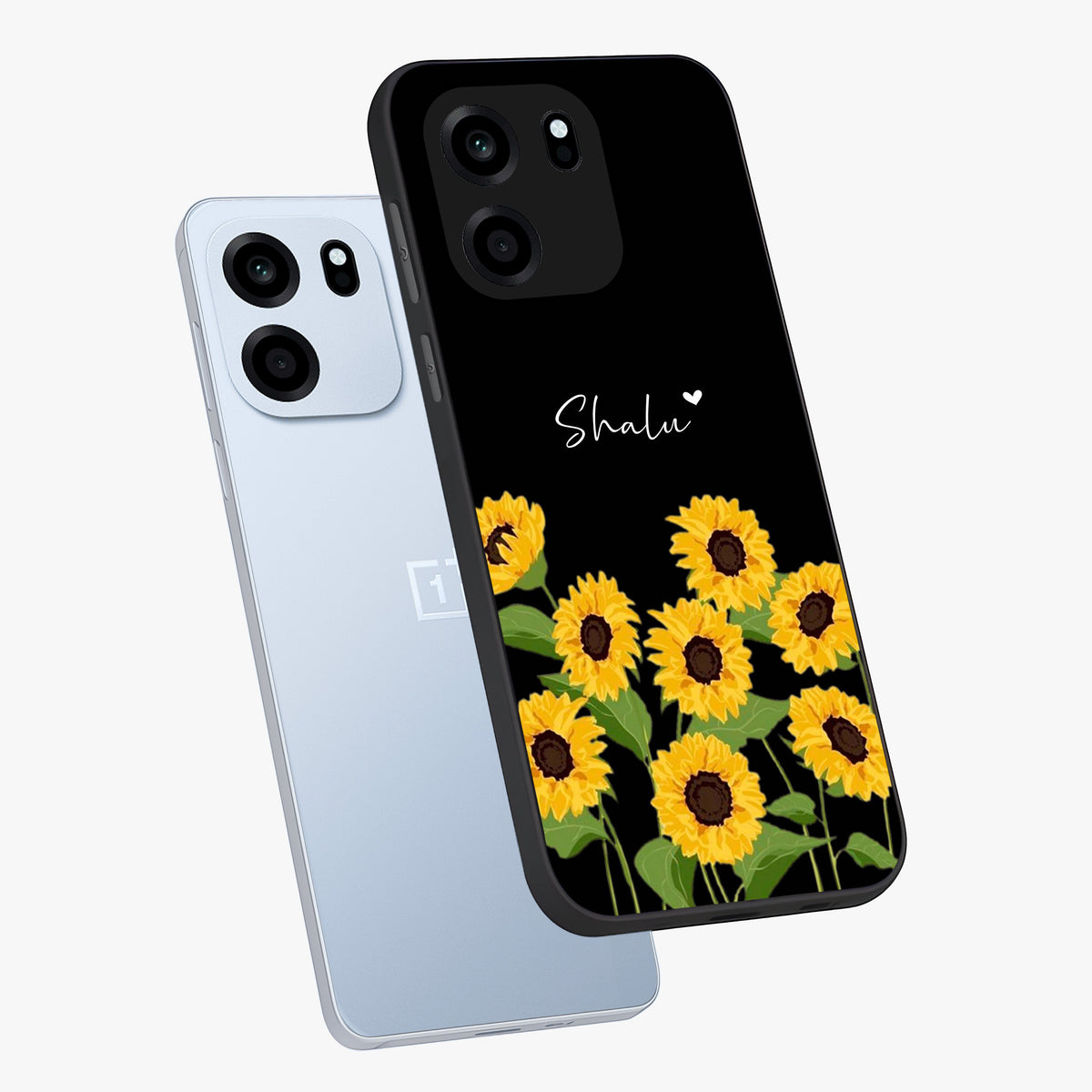 Sunflower Chic Mood Custom Name Glass Case displayed in angled mockup highlighting vibrant sunflower design with custom name feature.