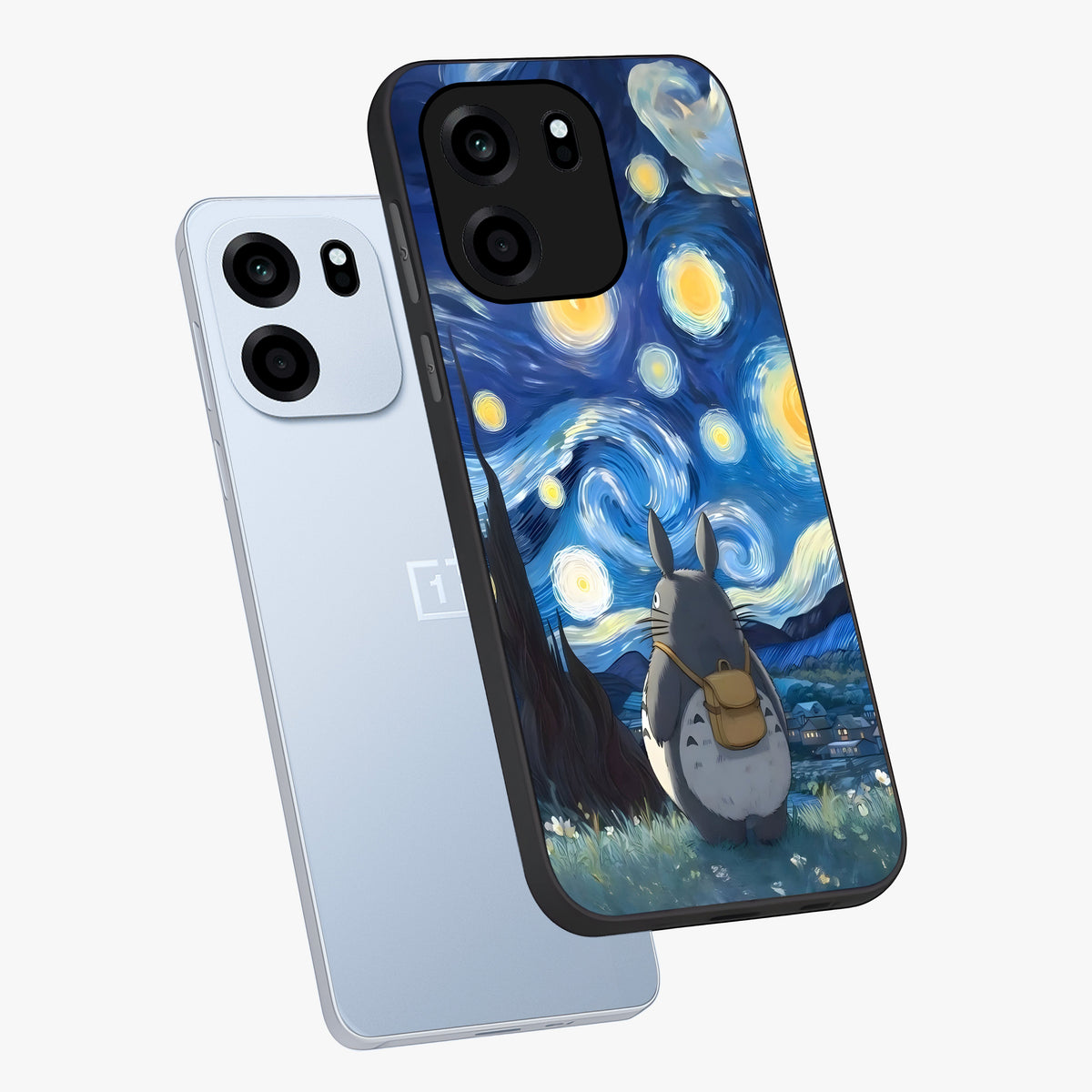 Totoro In Van Gogh Art Glass Case displayed in angled mockup highlighting artistic swirling sky design with playful animation aesthetic.