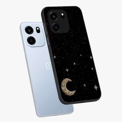 Twinkle Star With Half Moon Glass Case displayed in angled mockup highlighting celestial moon and star design with magical aesthetic.
