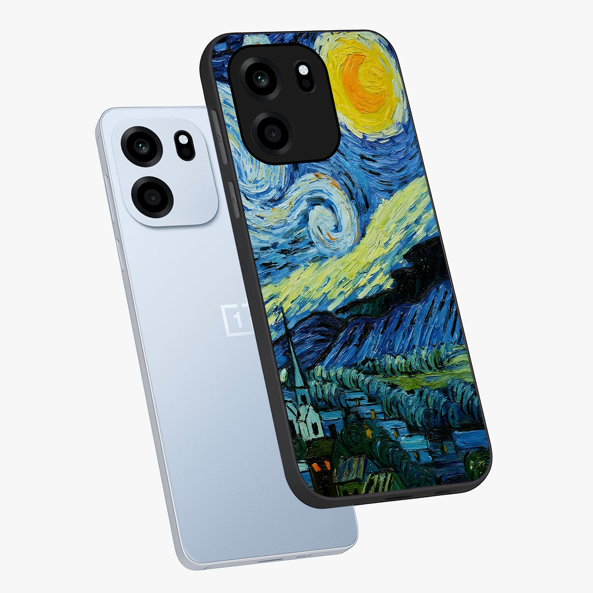 Van Gogh Art Glass Case displayed in angled mockup highlighting swirling brushstroke design with artistic aesthetic.