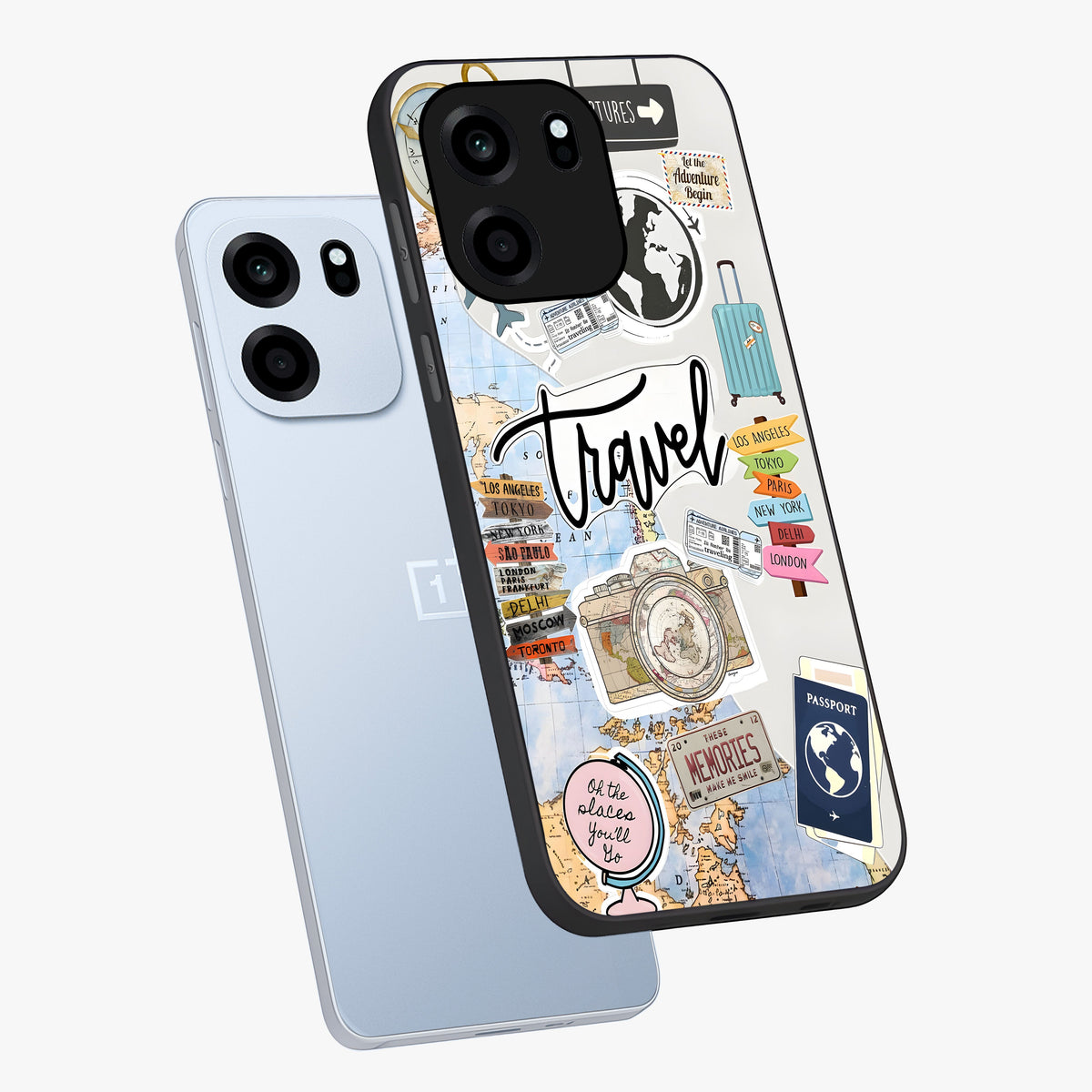 Wanderlust Journal Glass Case displayed in angled mockup highlighting adventure themed design with aesthetic travel vibe.