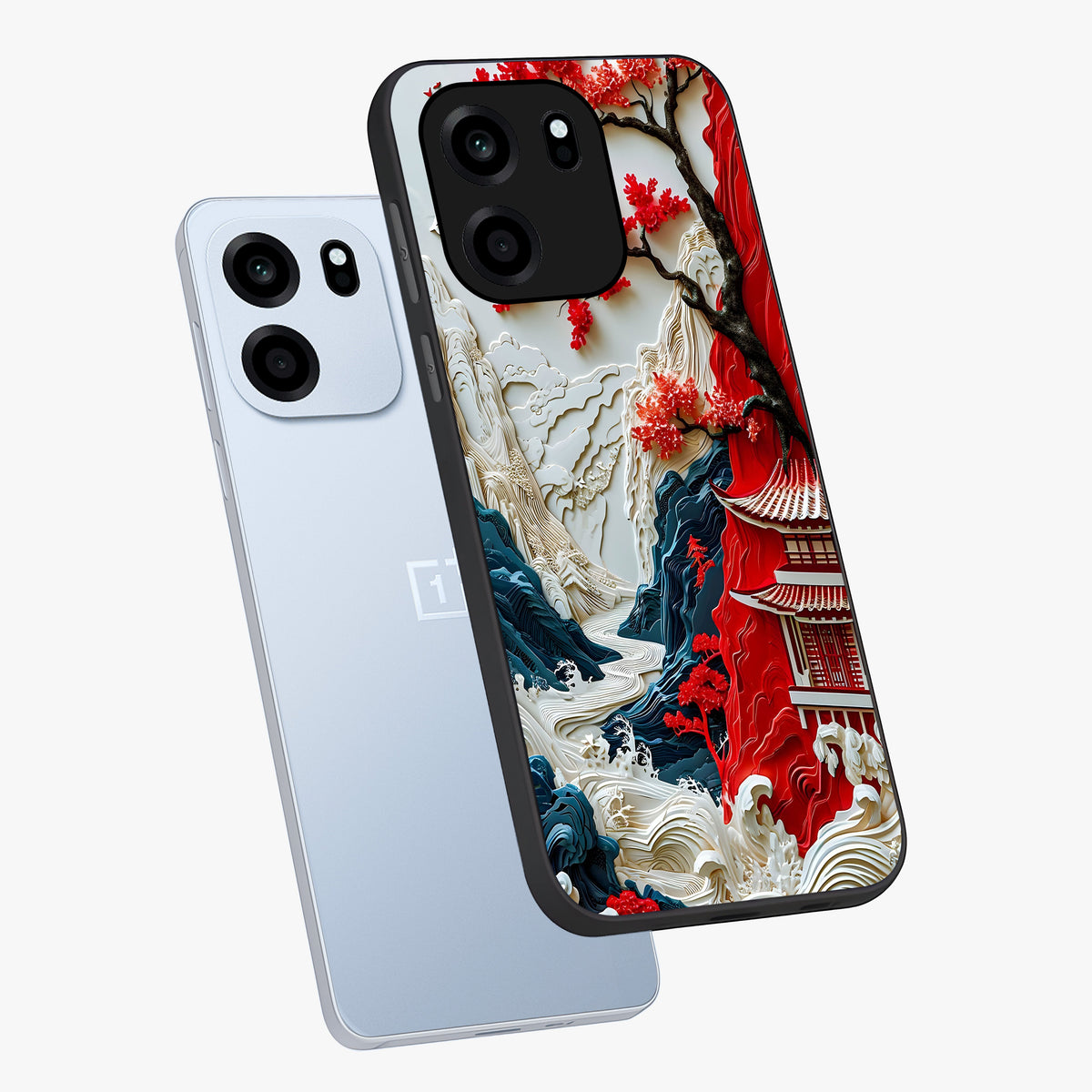 Whispers Of Sakura Waves Glass Case displayed in angled mockup highlighting flowing sakura design with soft floral aesthetic.