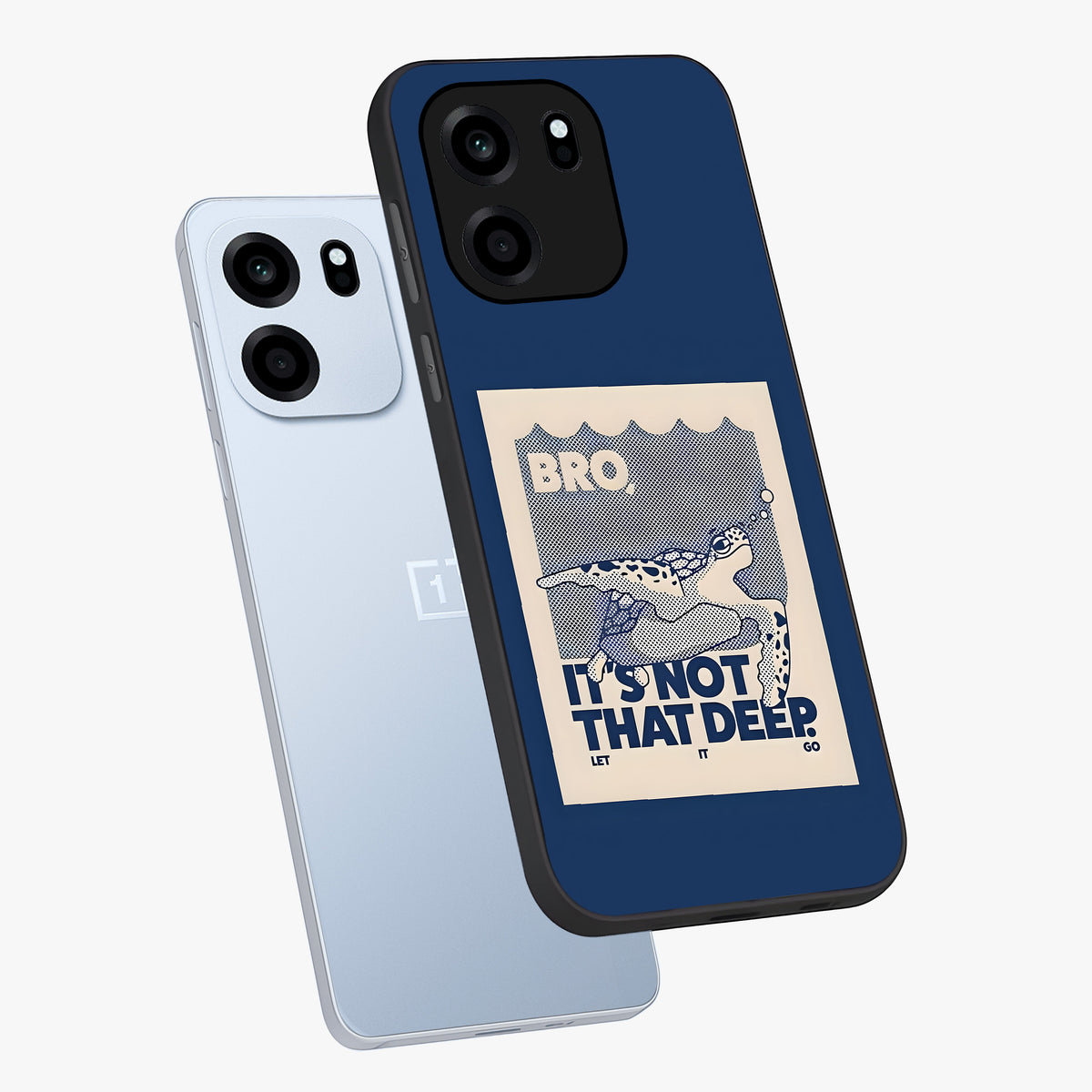 Worry Less Swim Glass Case displayed in angled mockup highlighting fun typography design with relaxed aesthetic style.
