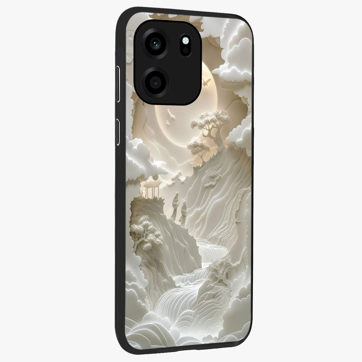 Celestial Origami Glass Case upright view showcasing creative origami artwork with modern celestial style.
