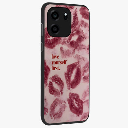 Crimson Kiss Love Glass Case upright view showcasing expressive romantic artwork with deep crimson theme.