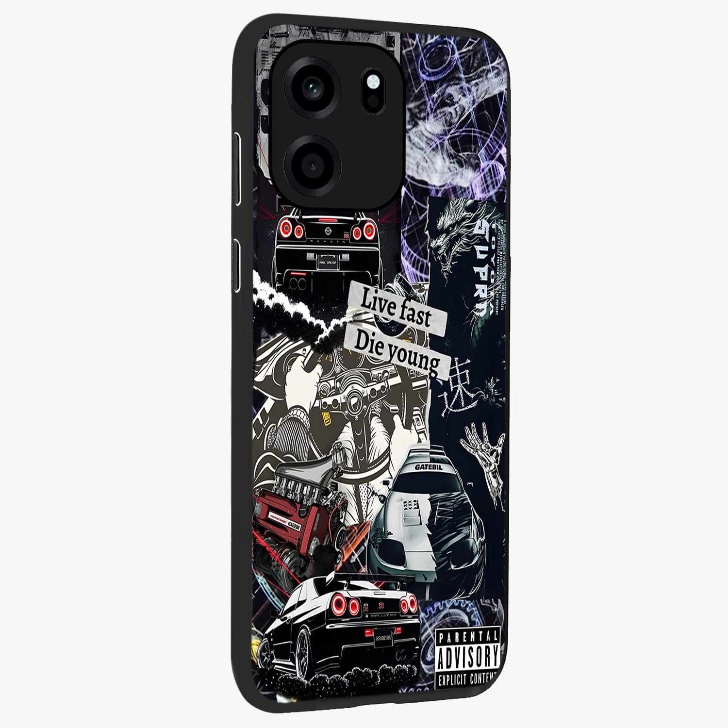 Die Young Glass Case upright view showcasing striking typography artwork with modern statement theme.