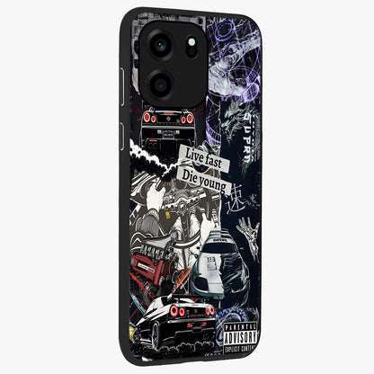 Die Young Glass Case upright view showcasing striking typography artwork with modern statement theme.