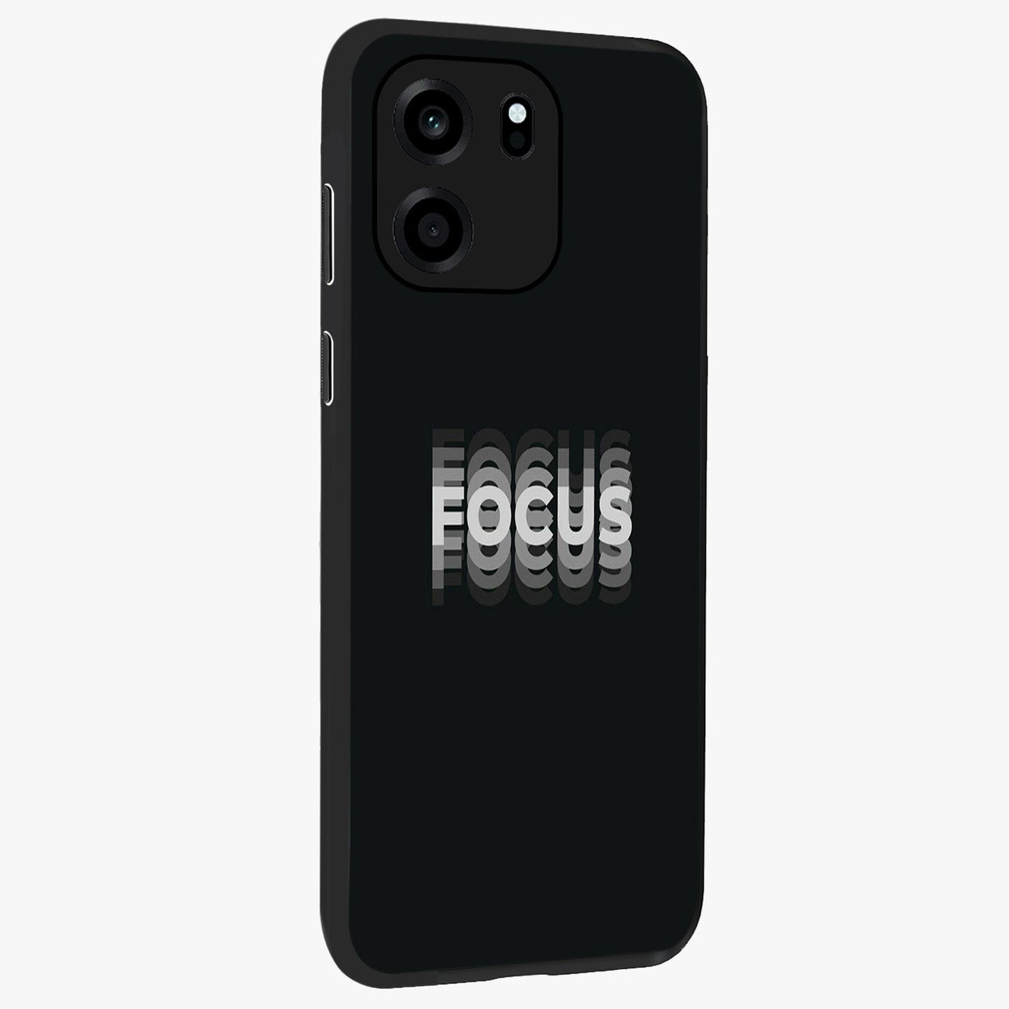 Focus Mode On Glass Case upright view showcasing strong typography statement with sleek motivational theme.