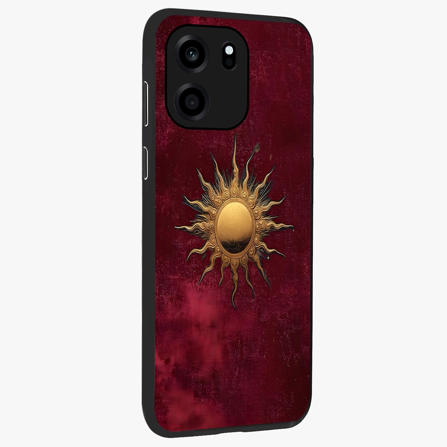 Golden Sun Minimalism Glass Case upright view showcasing simple golden sun artwork with elegant minimalist style.