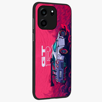 GT-R Car Pattern Glass Case upright view showcasing dynamic car pattern artwork with modern sports theme.