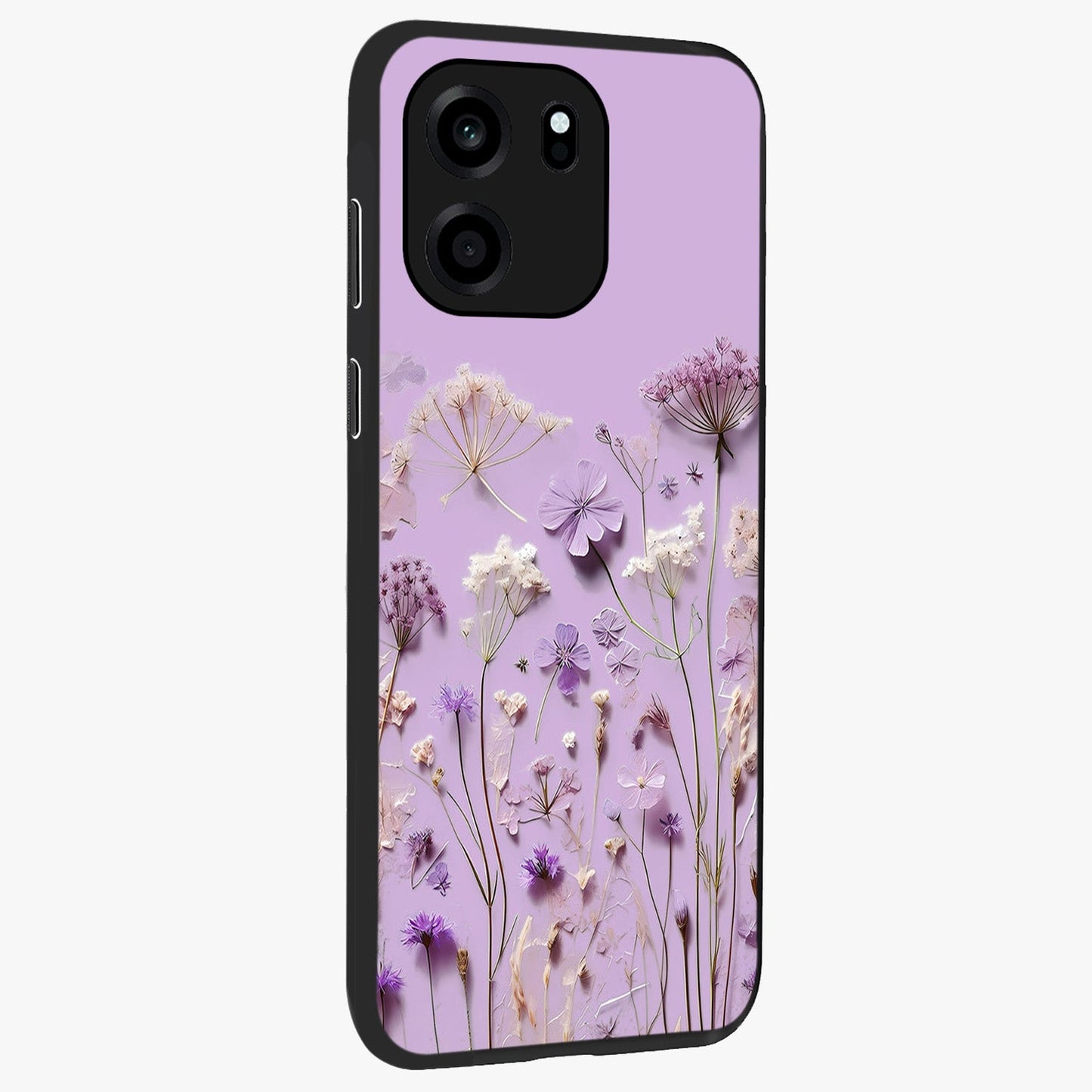 Lavender Blossom Dream Glass Case upright view showcasing delicate lavender blossom artwork with peaceful floral theme.