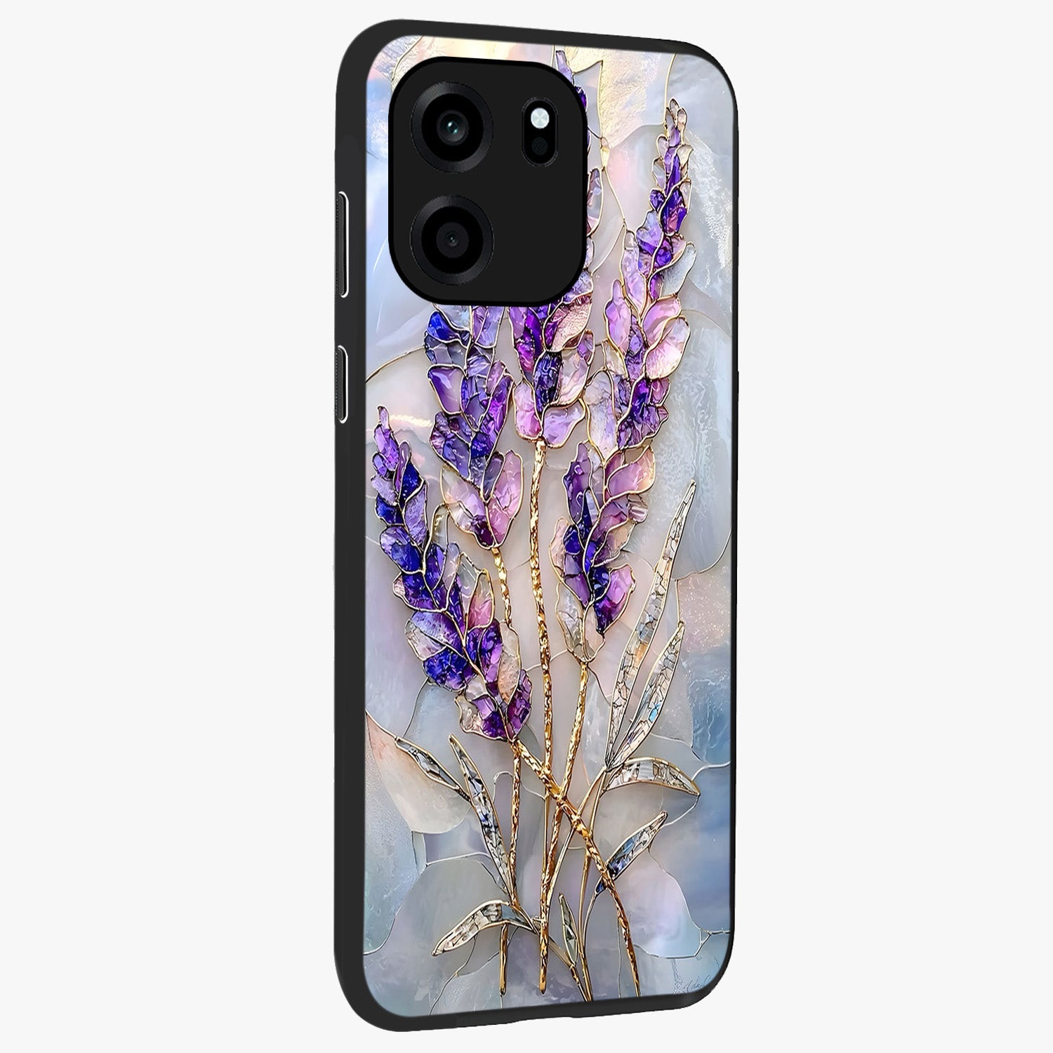 Lavender Dream Glow Glass Case upright view showcasing radiant lavender glow artwork with calming dreamy theme.
