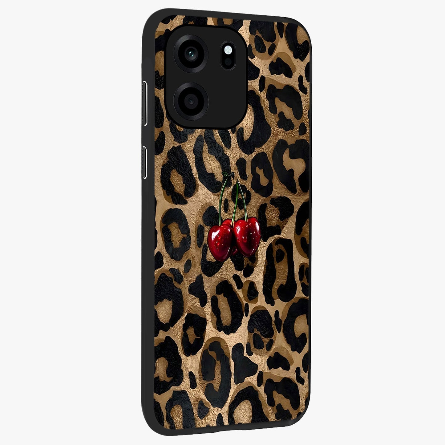 Leopard Wild Cherry Glass Case upright view showcasing stylish leopard pattern artwork with trendy fashion theme.