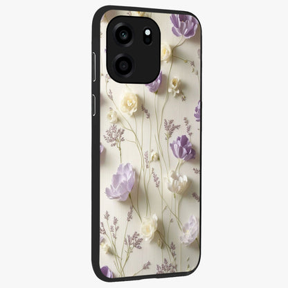 Lilac Breeze Harmony Glass Case upright view showcasing delicate lilac artwork with peaceful floral theme.