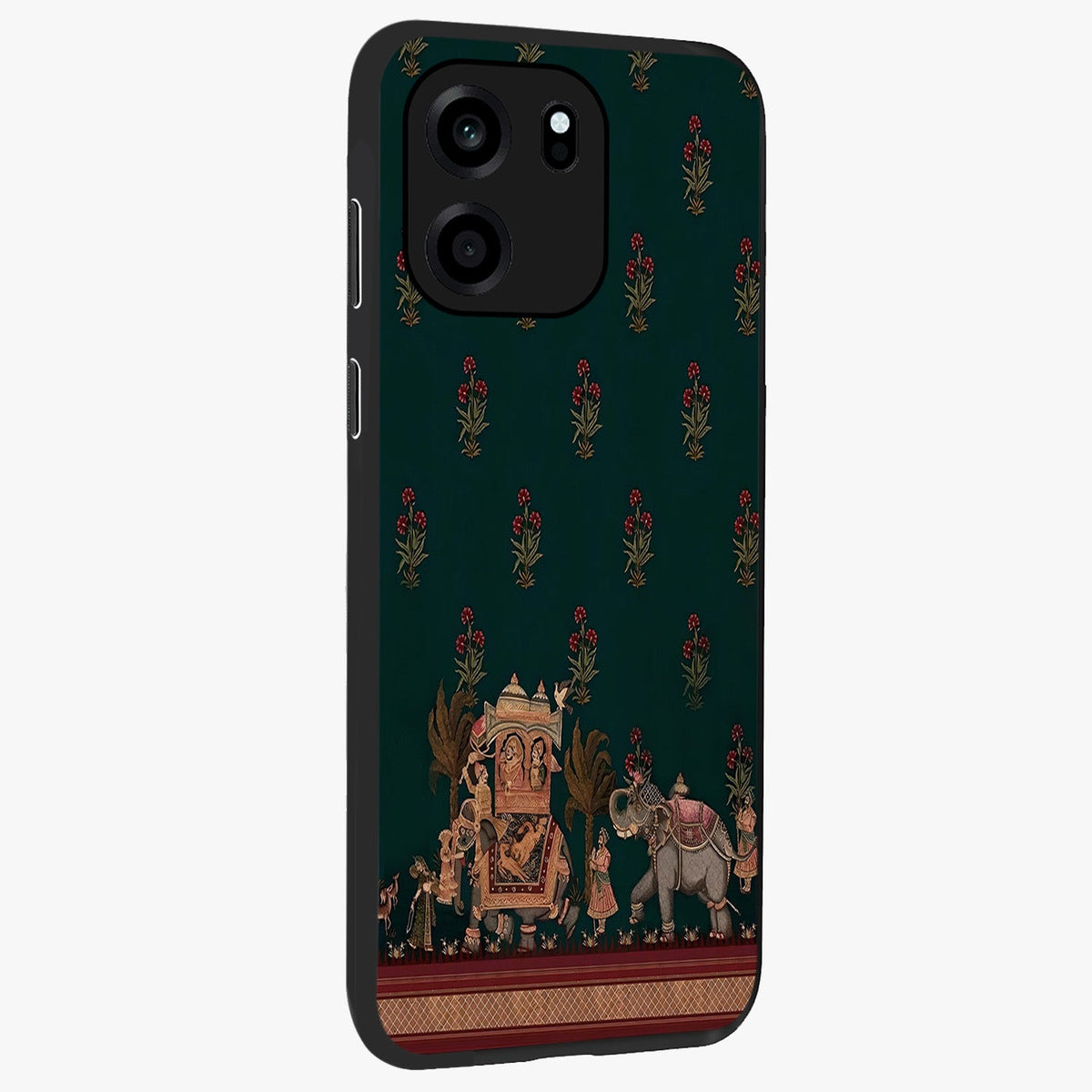 Macmerise Glass Case upright view showcasing bold artistic artwork with contemporary design theme.