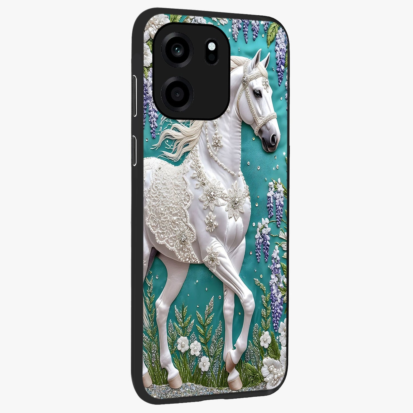 Majestic Floral Stallion Glass Case upright view showcasing dramatic horse artwork with decorative floral theme.
