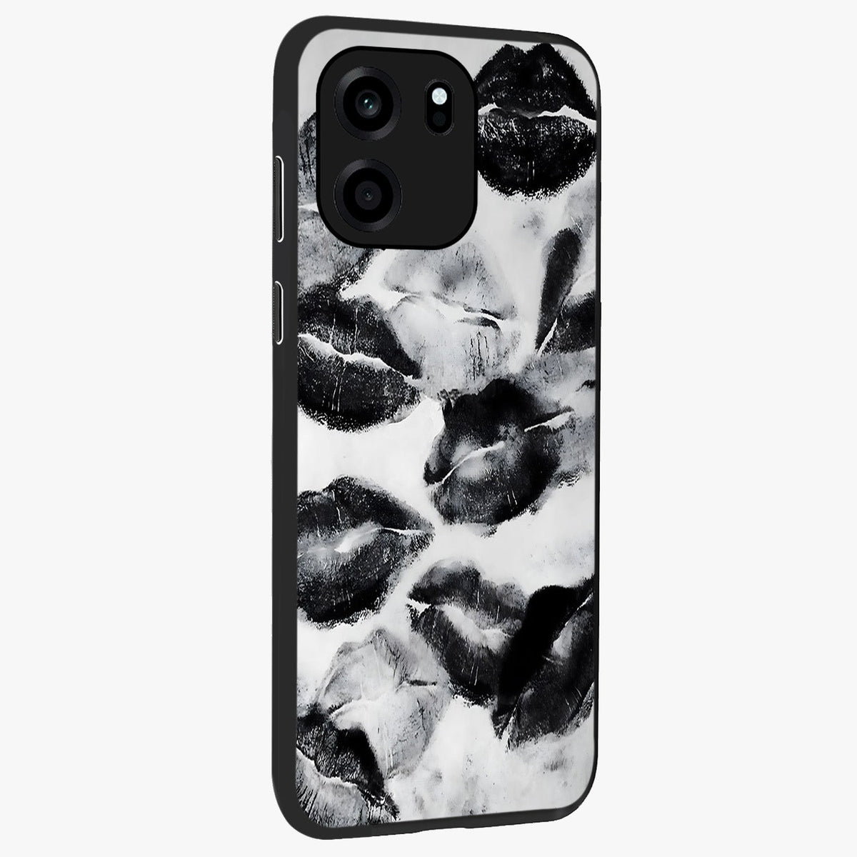Midnight Kiss Marks Glass Case upright view showcasing stylish kiss mark artwork with trendy romantic theme.