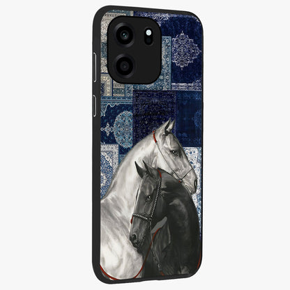 Midnight Stallion Blues Glass Case upright view showcasing dramatic horse artwork with bold artistic theme.