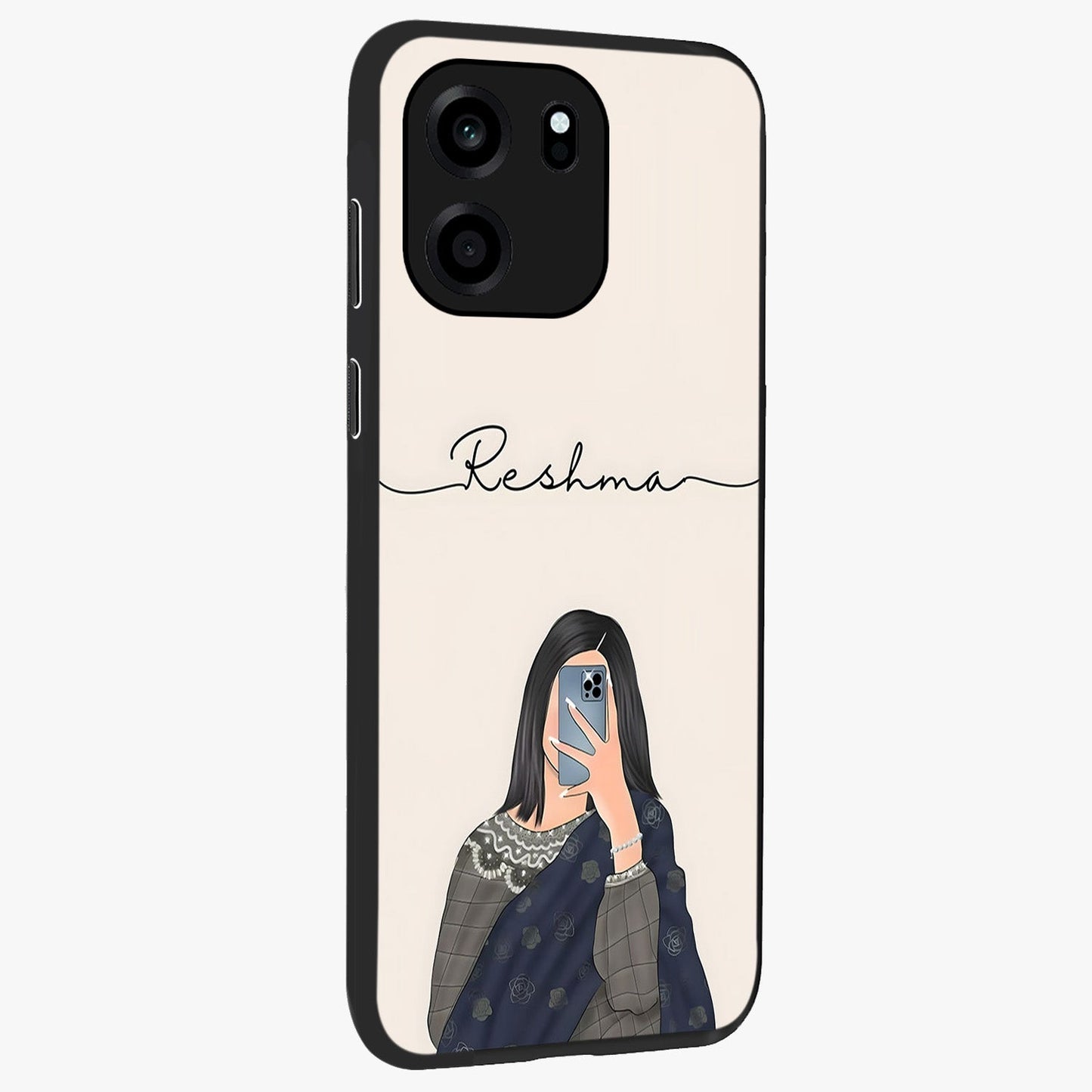 Mirror Mood Muse With Custom Name Glass Case upright view showcasing artistic mirror themed artwork with personalized aesthetic.
