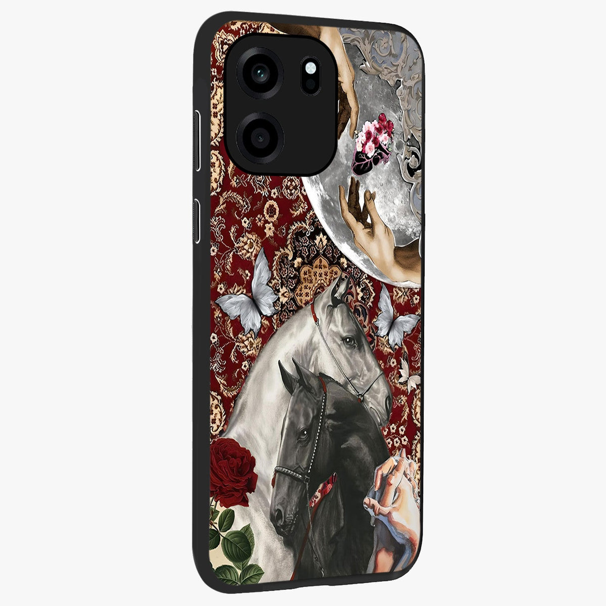 Moonlit Royal Stallion Glass Case upright view showcasing dramatic horse artwork with glowing moon themed design.