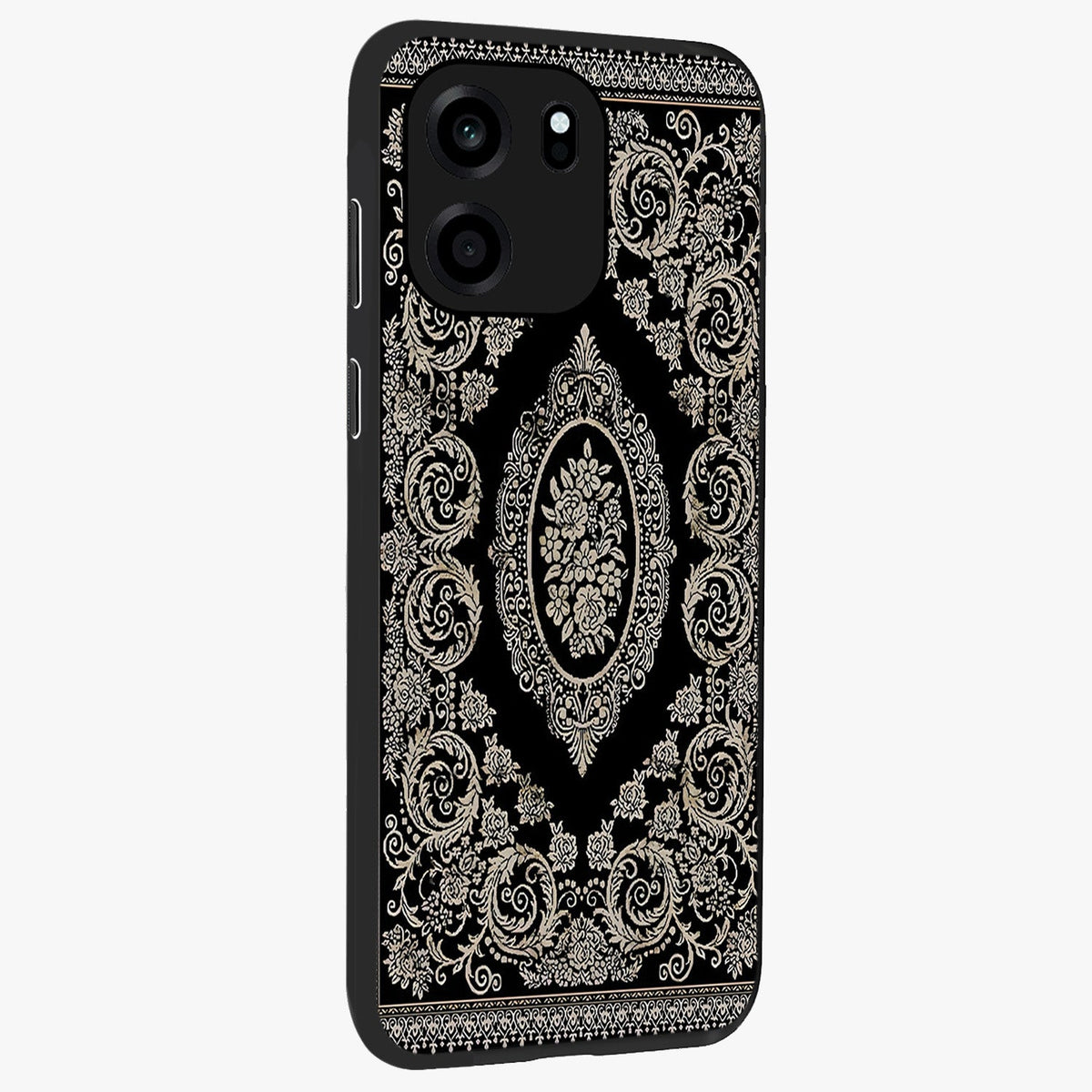 Noir Bloom Elegance Glass Case upright view showcasing graceful floral artwork with luxurious dark theme.