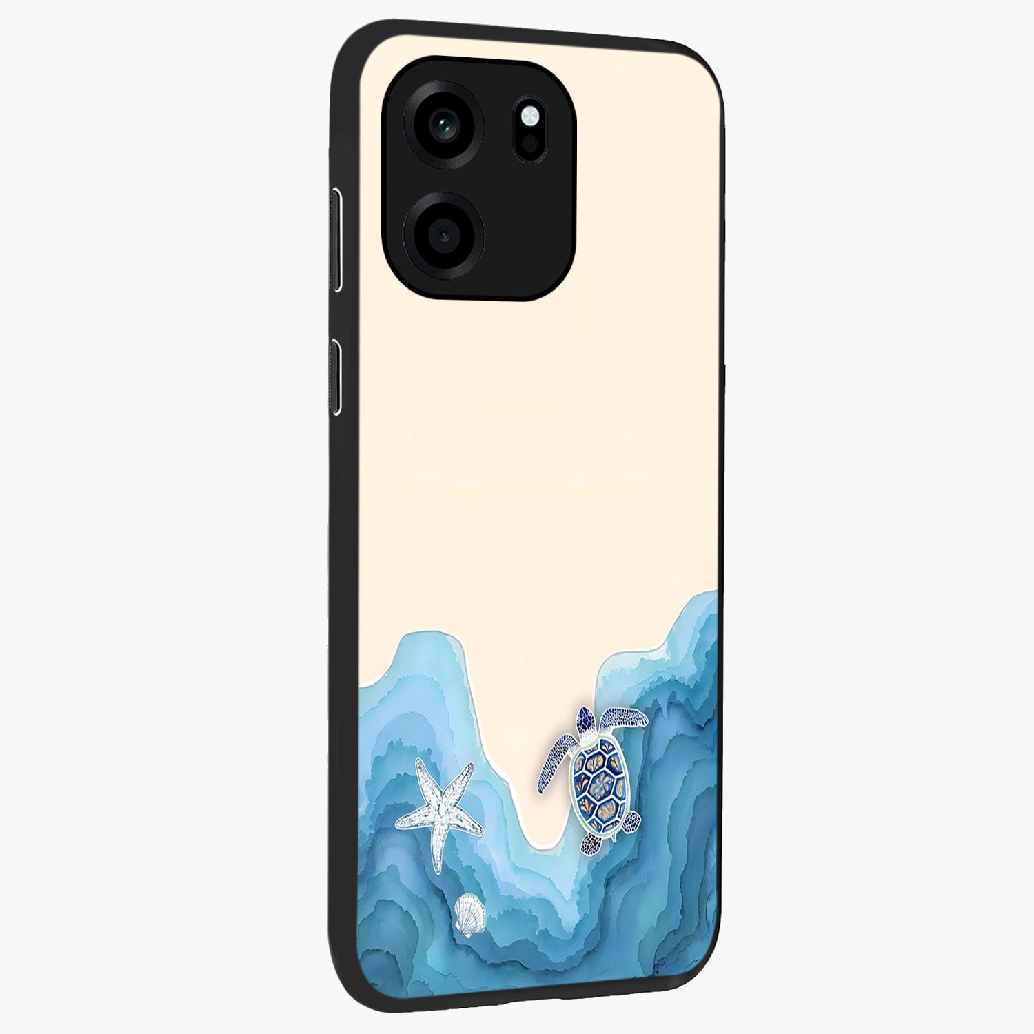 Ocean Drift Turtle Glass Case upright view showcasing calm underwater turtle artwork with nature inspired theme.